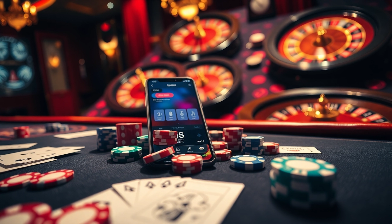 Scène passionnante d'un casino en ligne avec des jetons de poker colorés et une roue de roulette.