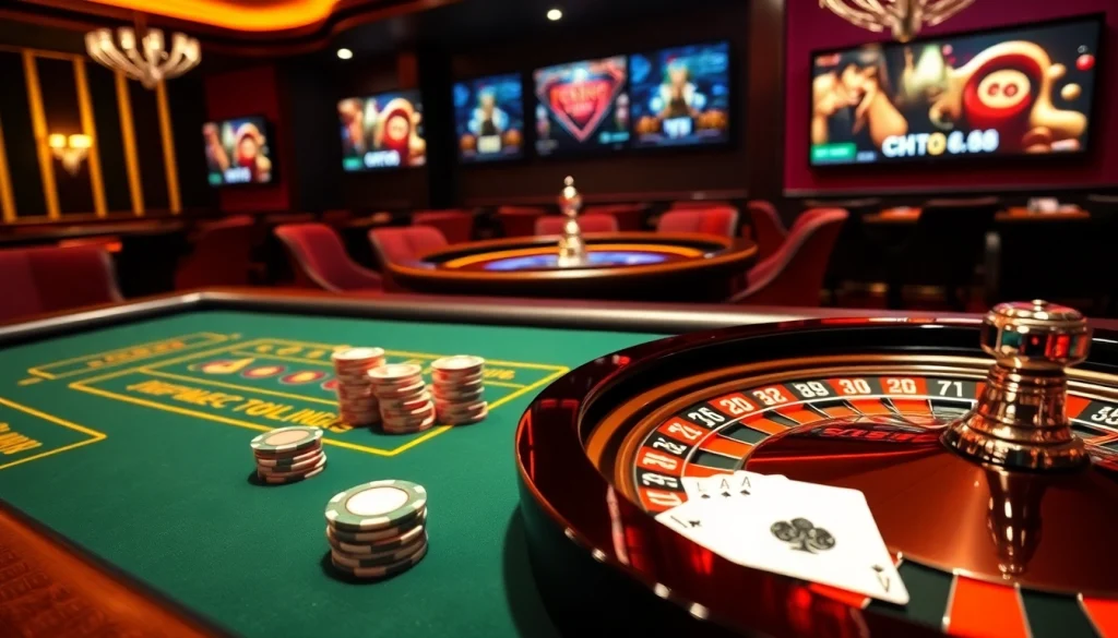 Scène engageante d'un casino en ligne présentant des jetons de poker et une roue de roulette dans un cadre luxueux.