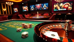 Scène engageante d'un casino en ligne présentant des jetons de poker et une roue de roulette dans un cadre luxueux.