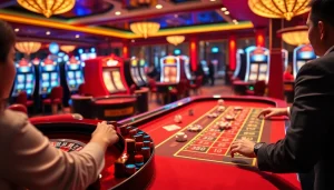 Tài xỉu md5 game table with players betting and rolling dice in a vibrant casino.