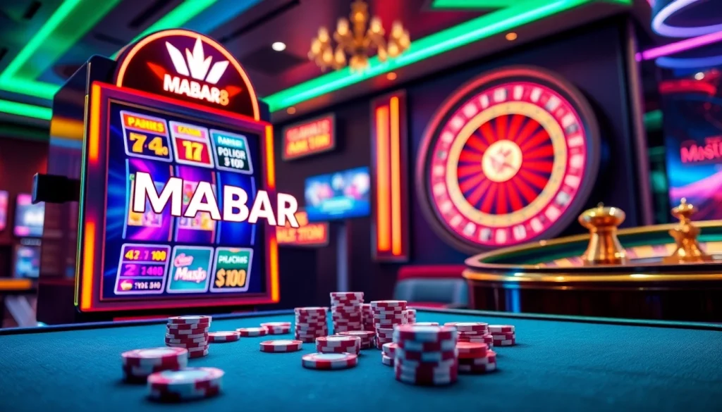 Situs MABAR88 menampilkan suasana kasino online yang menarik dengan mesin slot dan chip poker.