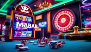 Situs MABAR88 menampilkan suasana kasino online yang menarik dengan mesin slot dan chip poker.