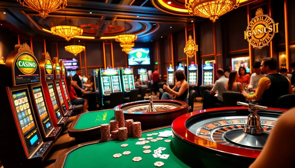 Joueurs engagés vivant l'excitation du casino en ligne dans une scène de casino en ligne luxueuse.