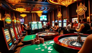 Joueurs engagés vivant l'excitation du casino en ligne dans une scène de casino en ligne luxueuse.