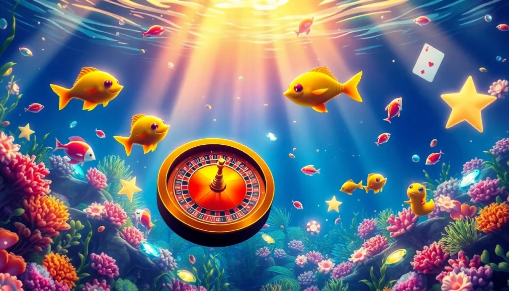 Bắn cá đổi thưởng game scene with colorful fish and vibrant jackpots shining in a 3D underwater setting.