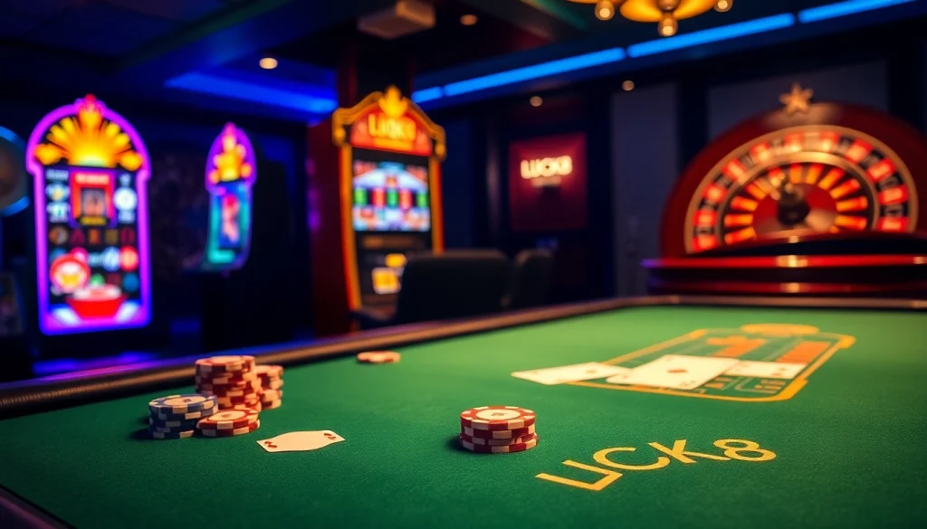 Experience the vibrant excitement of LUCK8 at an upscale casino featuring poker tables and slot machines.