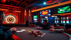 Experience winning moments at jun88site.com with vibrant casino visuals of poker and roulette.