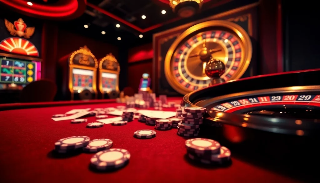Vivez l'excitation du casino en ligne avec des visuels vibrants de casino mettant en vedette des jetons de poker et une roulette.