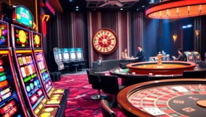 Playing the MV88 game in a high-stakes casino environment filled with slot machines and poker tables.