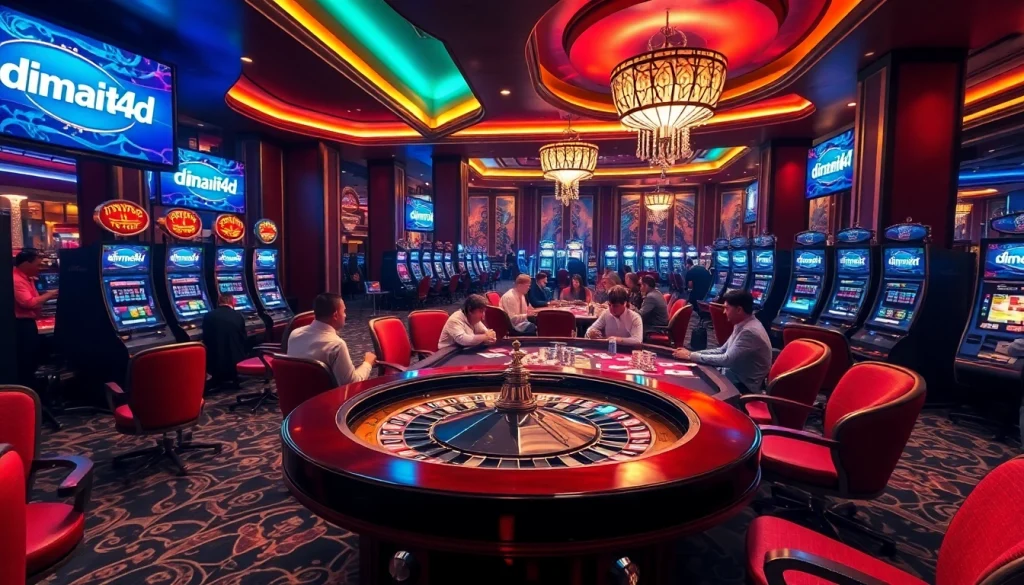 Excited players enjoy an immersive casino experience featuring dinamit4d slot machines and vibrant gaming tables.