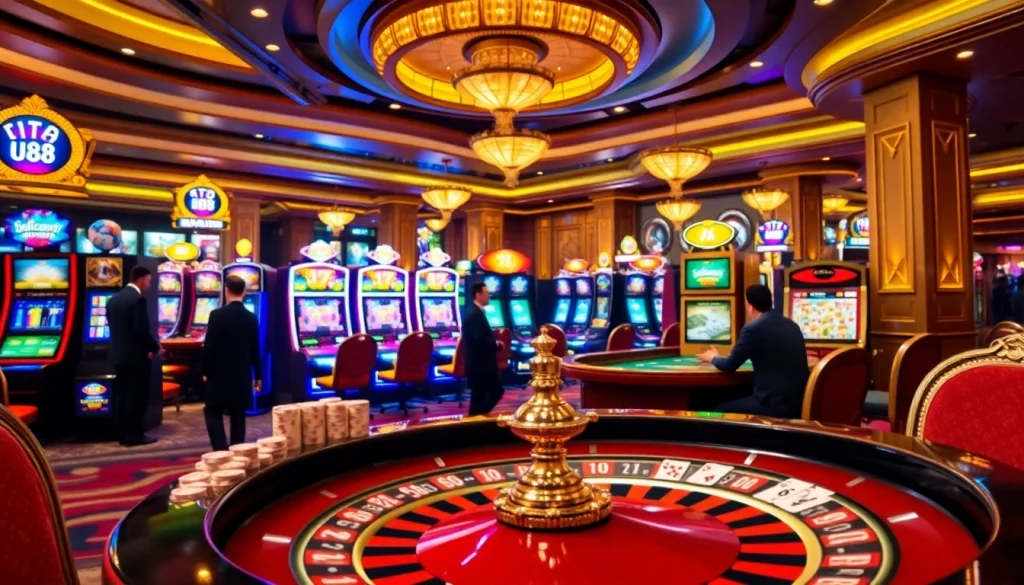 Experience thrilling gameplay at UU88 with luxurious casino visuals featuring poker chips and slot machines.