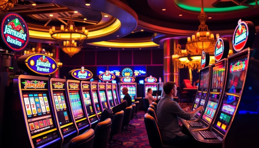 Experience thrilling slot action at jamuslot with vibrant machines and excited players.