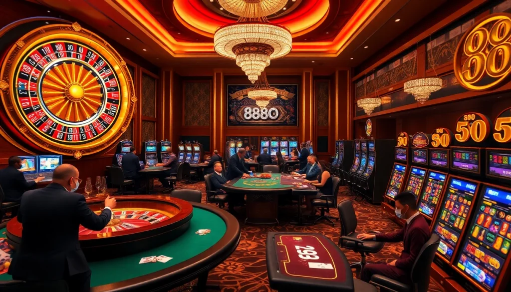 Exciting gaming atmosphere at a casino featuring 888 new roulette and slot machines.
