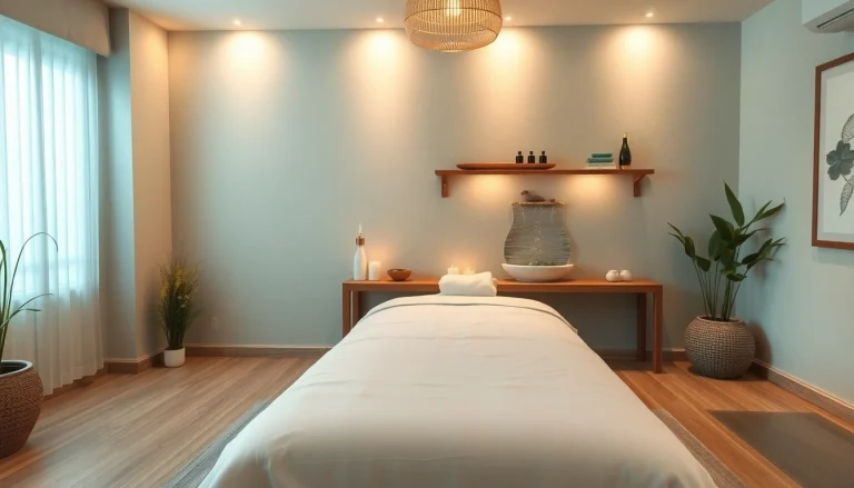 편안한 분위기와 필수 오일을 선보이는 진정 마사지를 위한 치료실.