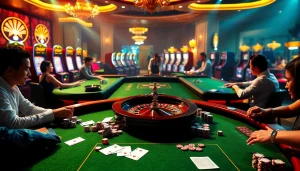 Excited players engaging at a lively online casino table, showcasing Nhà cái uy tín QQ88 with vibrant colors and gaming elements.