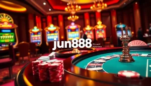 An exciting poker game in action at jun88pl.com, showcasing vibrant chips, cards, and casino ambiance.