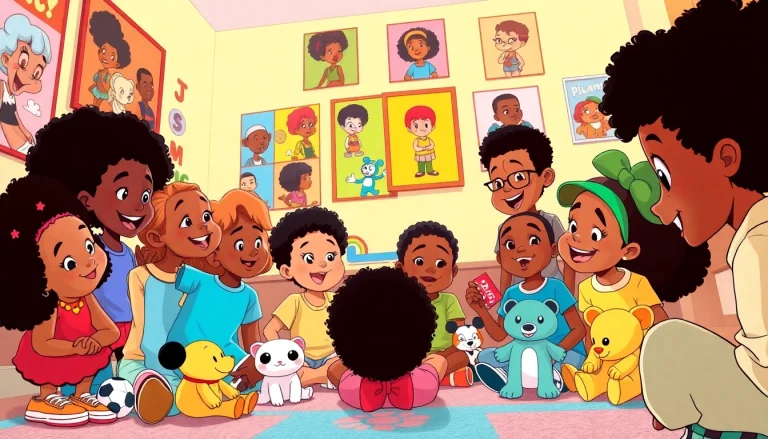 A joyful scene of children celebrating African American cartoons in a vibrant playroom.