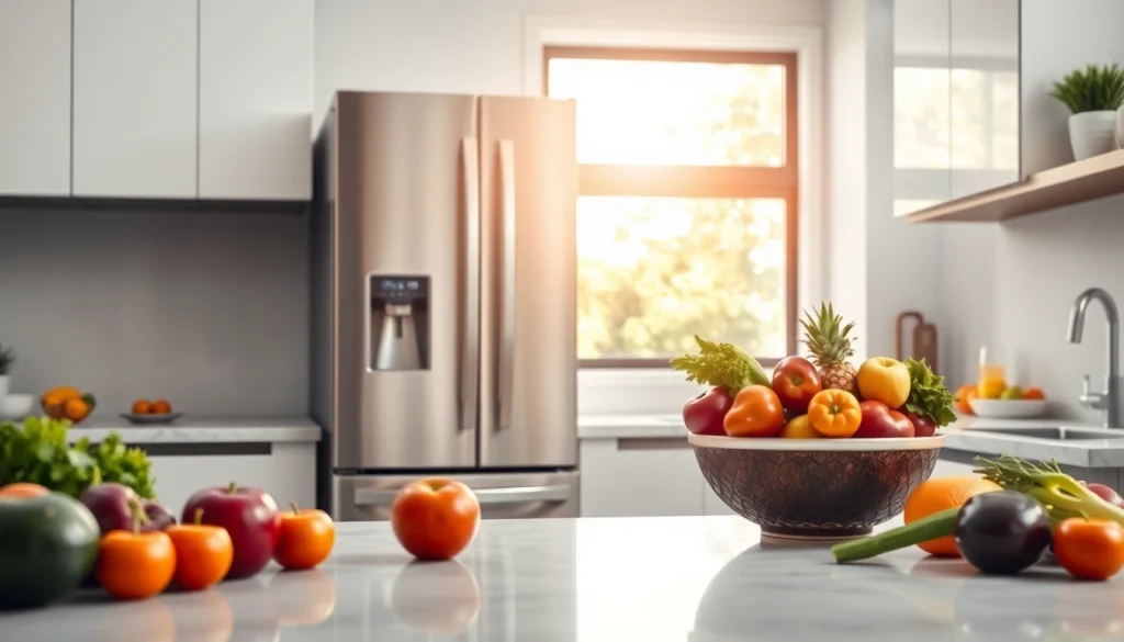 Refrigerator standing elegantly in a bright, modern kitchen with fresh produce nearby.