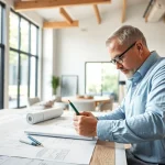 Start a residential architecture project with a focused architect drafting designs in a bright office.