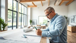 Start a residential architecture project with a focused architect drafting designs in a bright office.