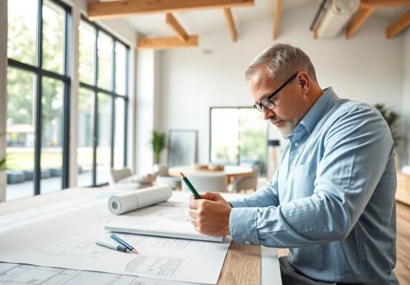 Start a residential architecture project with a focused architect drafting designs in a bright office.