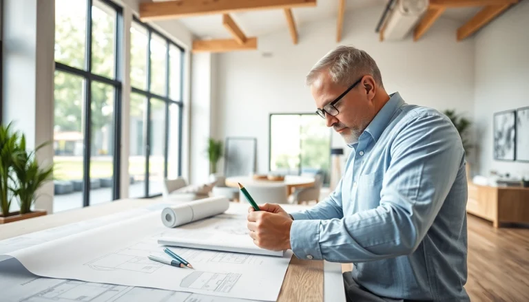 Start a residential architecture project with a focused architect drafting designs in a bright office.