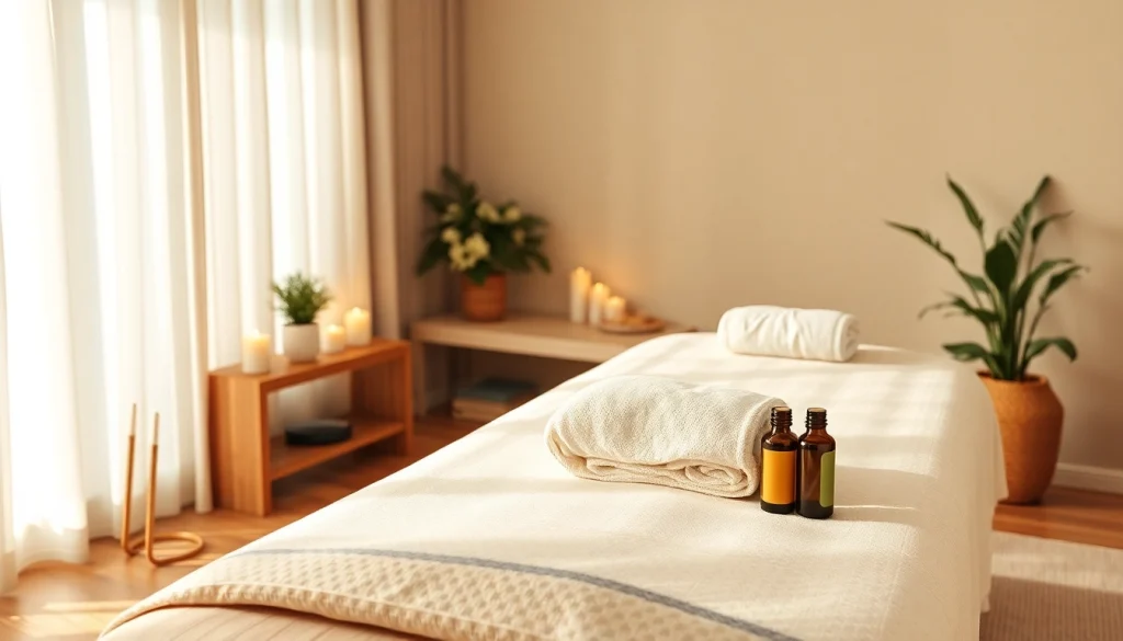 촛불, 마사지 테이블, 차분한 장식으로 구성된 수원출장마사지용 편안한 홈 마사지 공간.
