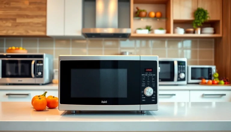 Explore microwave oven sales with various models in a modern kitchen setting.