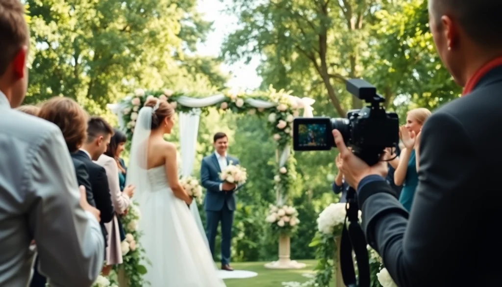 Wedding photographer capturing a couple during their ceremony in a lush garden setting.