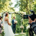 Wedding photographer capturing a couple during their ceremony in a lush garden setting.
