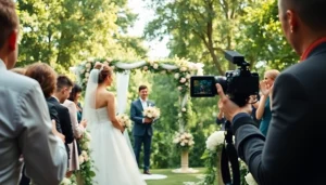 Wedding photographer capturing a couple during their ceremony in a lush garden setting.