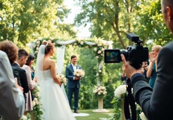 Wedding photographer capturing a couple during their ceremony in a lush garden setting.