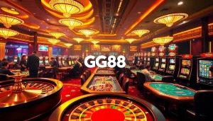 Gamblers enjoy thrilling games at GG88 casino with vibrant tables and roulette wheel.