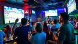 Exciting sports betting atmosphere at 토토스토리 with fans cheering and enjoying live matches.