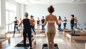 おすすめのピラティス技法とコミュニティのウェルネスを描く、活気あるピラティスのクラス風景。