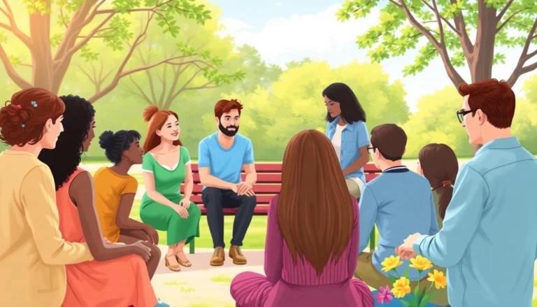 Promote mental health awareness with individuals supporting each other in a park environment.