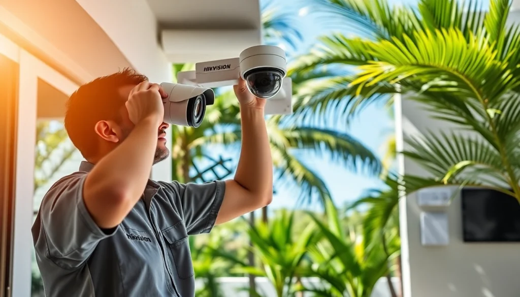 Servicio de instalación de cámaras de seguridad y alarmas en Guanacaste, mostrando tecnología avanzada de alarmas de seguridad y un técnico profesional.