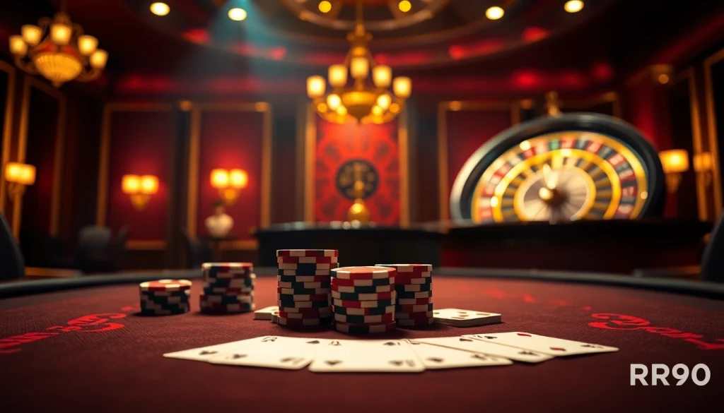 Experience high-stakes gaming with RR99 at a luxurious poker table featuring vibrant chips and cards.
