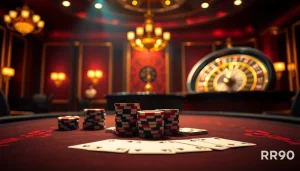 Experience high-stakes gaming with RR99 at a luxurious poker table featuring vibrant chips and cards.
