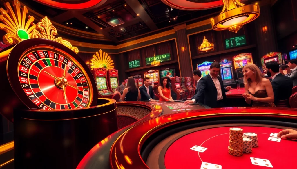Une scène de casino en ligne excitante présentant un jeu dynamique de roulette et de poker avec des éléments de jeu vivants.