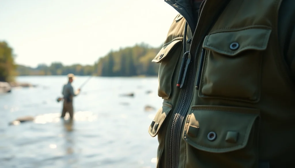 Fisherman wearing a fly fishing vest while casting a line by the river.