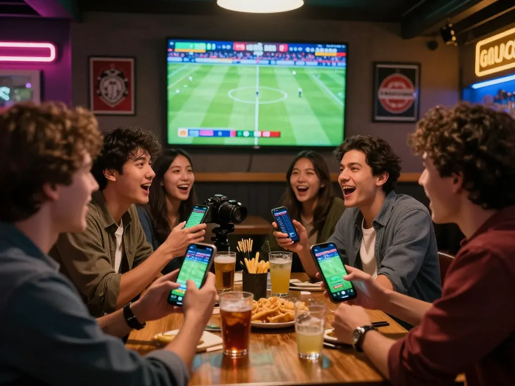 Excited friends enjoying live sports betting with 92slot app visible on phones.