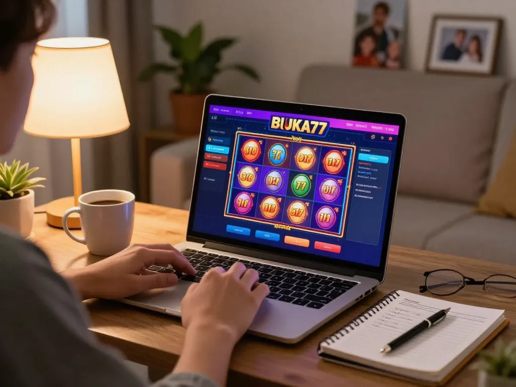 Engaging gameplay on BUKA77 online casino, showcasing vibrant slot interface in a cozy home setting.