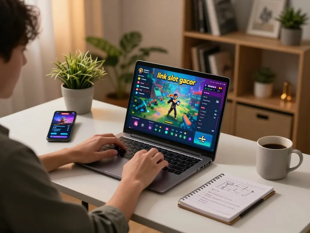 Person engaged with link slot gacor on a laptop, surrounded by home gaming elements.