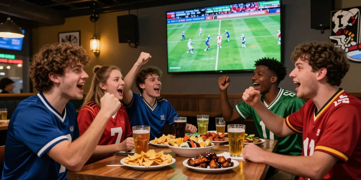 Tayangan streaming bola di bar olahraga dengan kelompok teman merayakan momen pertandingan.